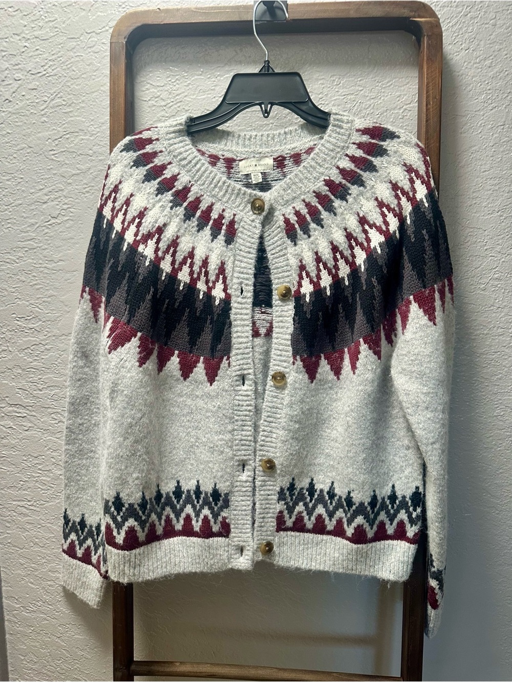 Lucky Brand Gray Fair Isle Button-Up Cardigan with Burgundy & Black